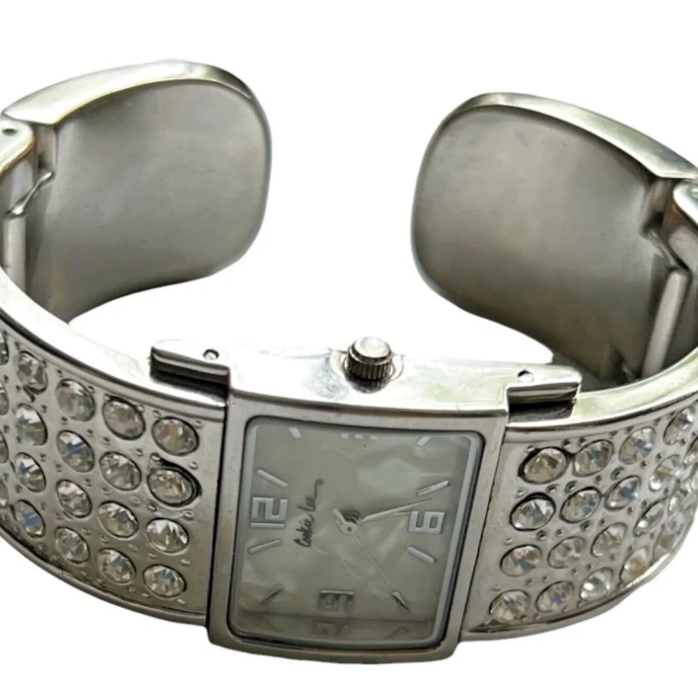 COOKIE LEE Watch Hinged Bangle Silvertone Swarovski Crystals & Mother of Pearl - Picture 3 of 8